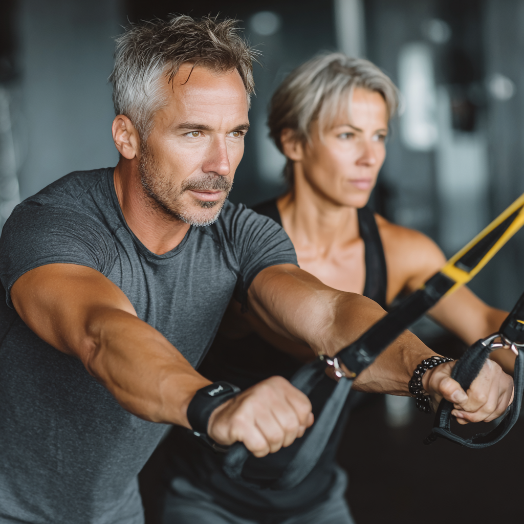 Тренер віком 55 років проводить персональне заняття, демонструючи індивідуальний підхід до кожного клієнта