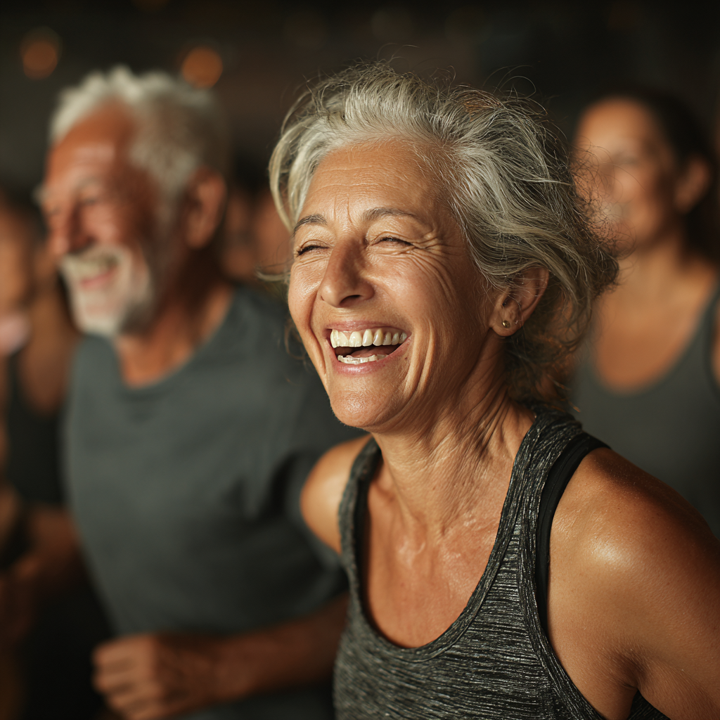 Група людей віком 50-60 років займається груповим фітнесом, демонструючи радість від тренувань