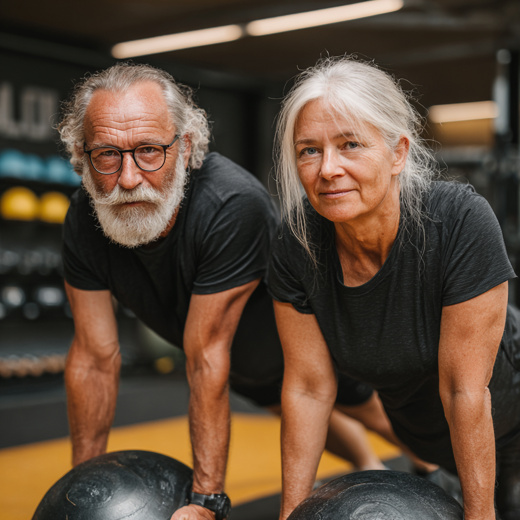 Чоловік та жінка віком 55 років виконують функціональні вправи у фітнес-залі, демонструючи активний спосіб життя