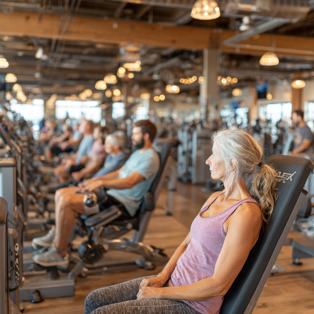 Сучасний фітнес-зал з людьми різного віку, включаючи активних 60-річних учасників тренувань